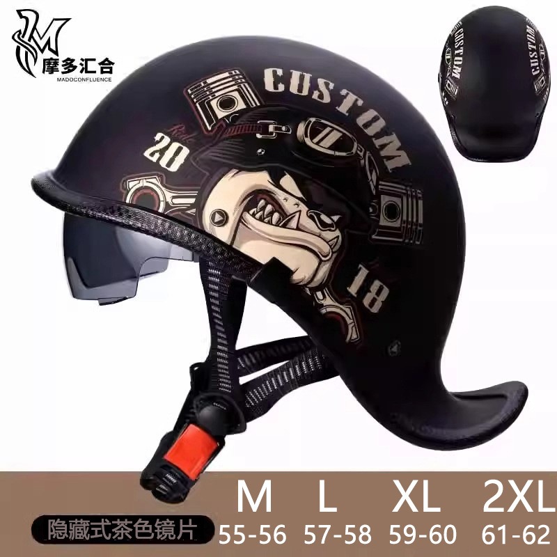 Lens Cap Vintage - レトロオートバイヘルメット男性用ヴィンテージバイクハーフヘルメット内蔵レンズ夏電動自転車安全キャップファッションハーレー