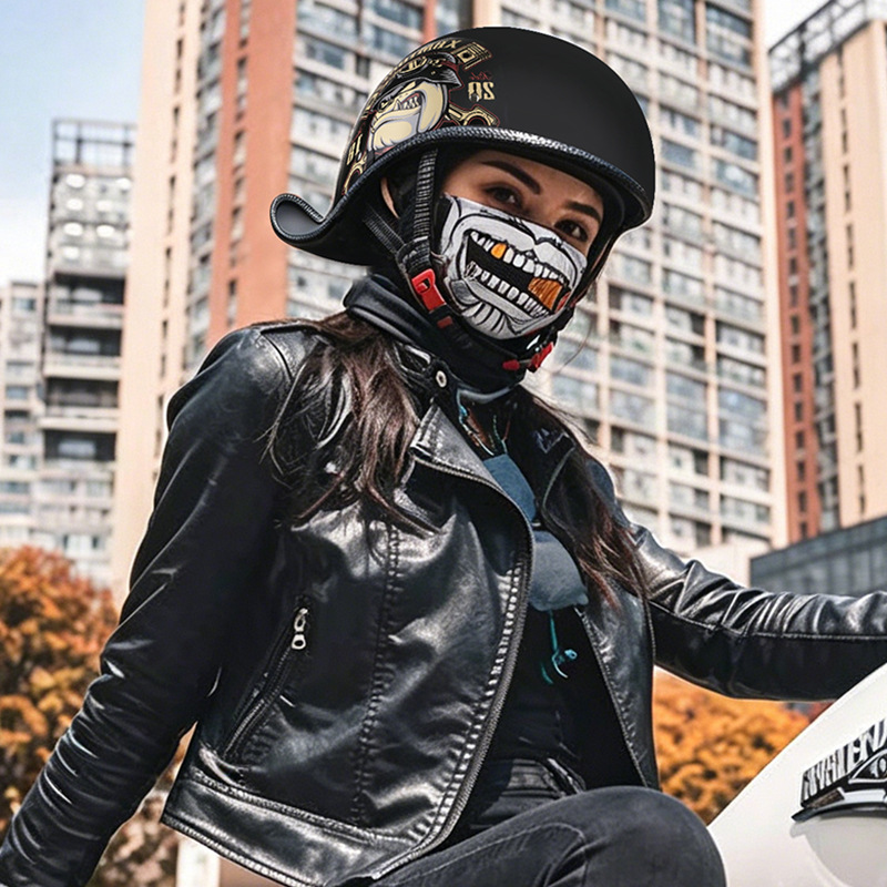 Lens Cap Vintage - レトロオートバイヘルメット男性用ヴィンテージバイクハーフヘルメット内蔵レンズ付き夏用電動バイク安全キャップファッションハーレー