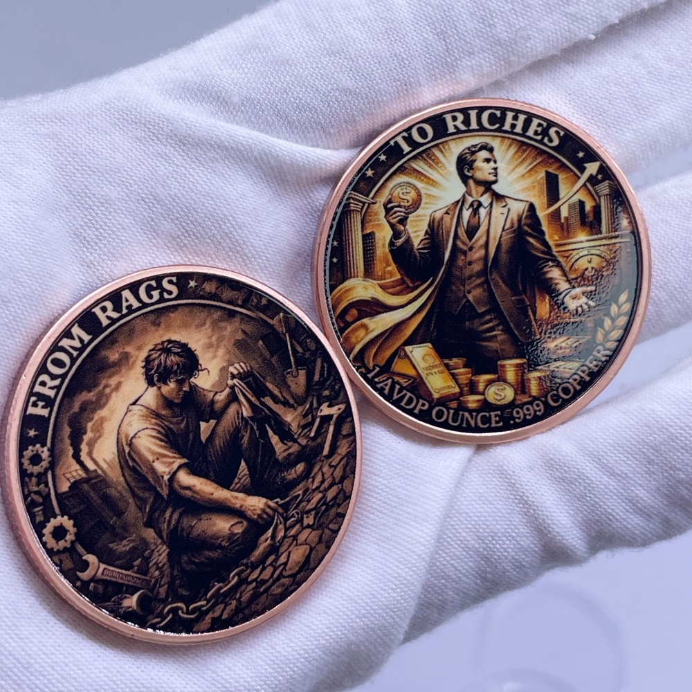 Vintage Collectible Coins - 「From Rags To Riches」テーマの99.9%銅製ラウンドコイン1オンス、ヴィンテージアートメダリオン、富を象徴する感動的なコレクターズメダル、お土産ギフト