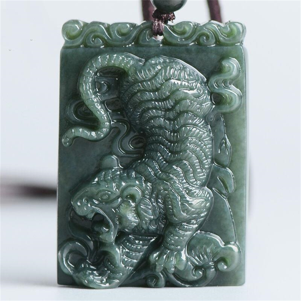 Vintage Collectible Toys - ナチュラルダークグリーン HeTian 翡翠彫刻中国の干支虎幸運の翡翠のペンダントお守りネックレス男性ヴィンテージギフトジュエリー
