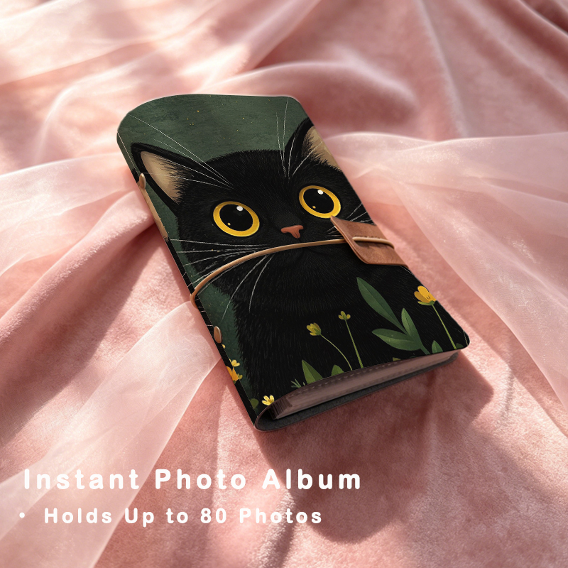Polaroid Photo Album - かわいい黒猫プリント入り6リングリフィル式フォトアルバム 80スロット 3インチインスタックスミニポラロイドK-POPフォトカード収納オーガナイザー