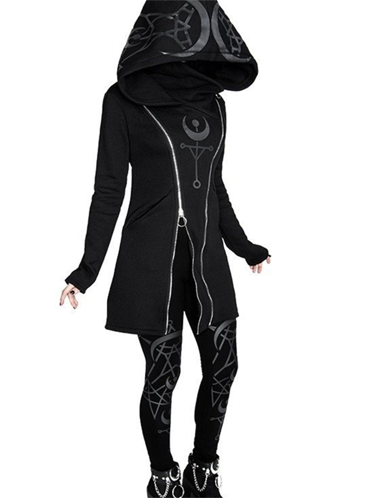 Vintage Zip Hoodie - 女性のためのゴシックパンクプリント長袖トップ,原宿レトロフード付きスーツ,ダブルジッパー,ロングセーター,新しい秋冬コレクション2022