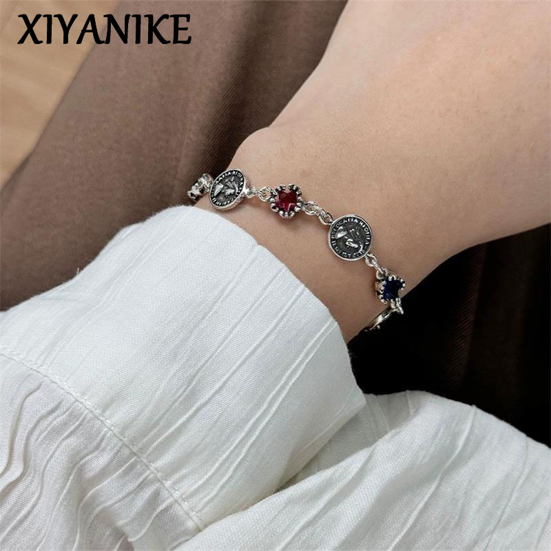 Vintage Collectible Coins - XIYANIKE ヴィンテージ女王肖像コイン光沢のあるクリスタルタイシルバーブレスレット女性のためのファッション新しいジュエリーギフトパーティー pulseras mujer