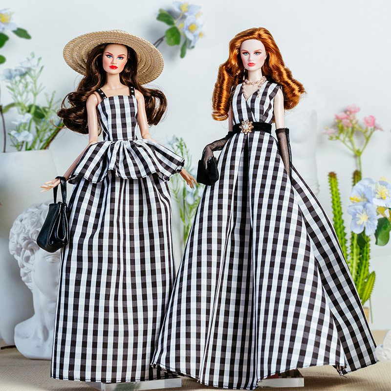 Vintage Collectible Toys - 32 センチメートルスーパーモデル人形服スーツヨーロッパのファッションヴィンテージ黒と白のチェック柄ドレスセットプリンセスガール DIY おもちゃコレクターギフト