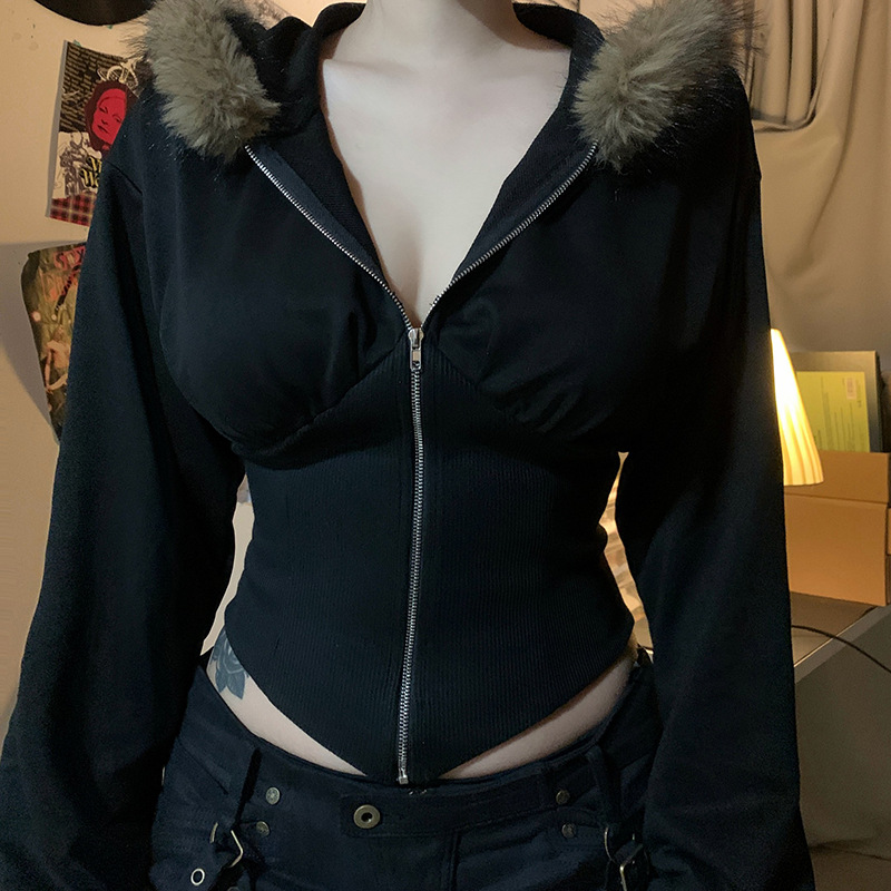 Vintage Zip Hoodie - ダークゴス秋冬フェイクファー襟付き無地フード付きコート レディース カジュアルスリムウエストジップパーカー ゴシックジャケット シックストリートウェア