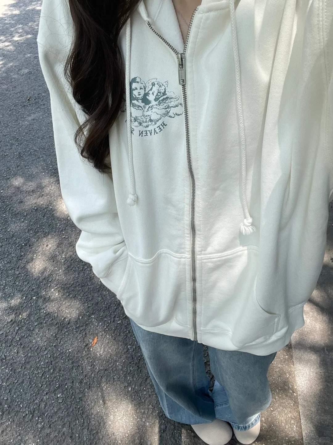 Vintage Zip Hoodie - ポケットジップアップスウェットシャツトップス女性ホワイトコットンカジュアル巾着プルオーバーコートヴィンテージプレッピースタイルオーバーサイズパーカーY2K