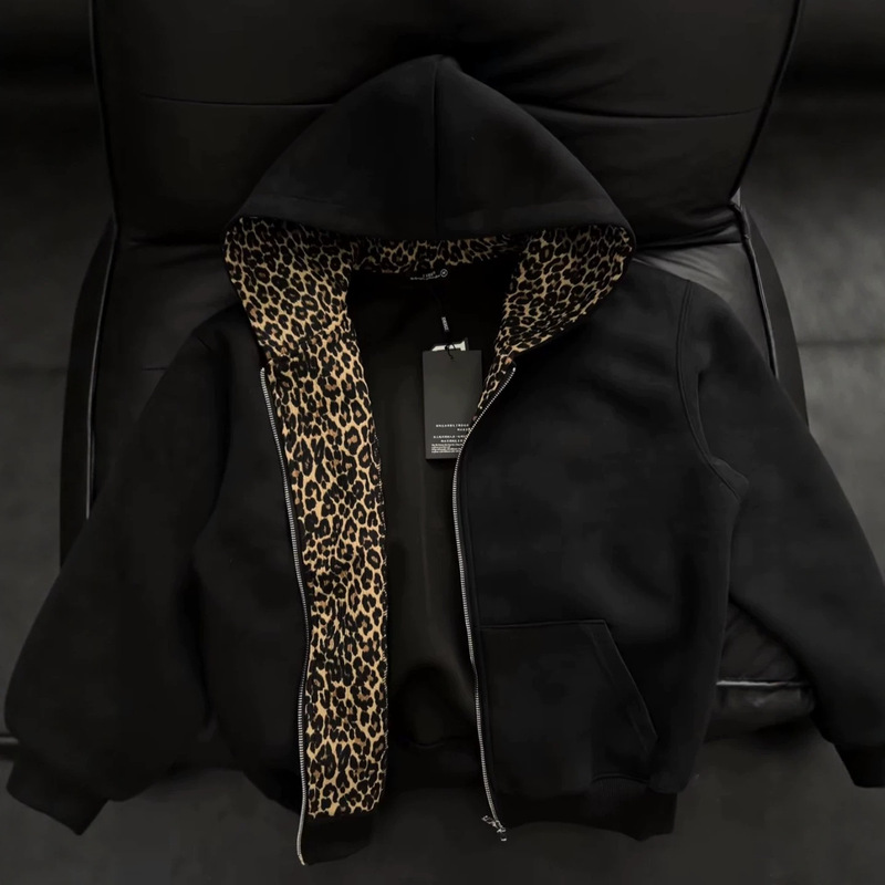 Vintage Zip Hoodie - QICHE メンズ アメリカンヴィンテージ ジップアップフーディー コントラストスプライス レオパード裏地