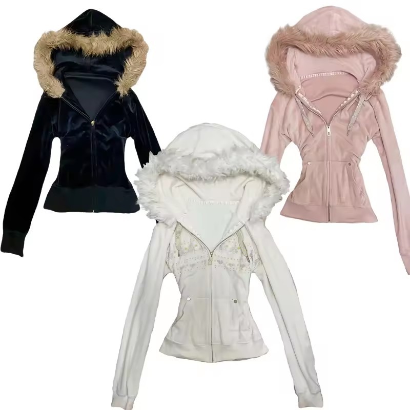 パーカーコート女性パンクフード付きスウェットシャツ毛皮の襟ジ - Vintage Zip Hoodie のレビューと価格