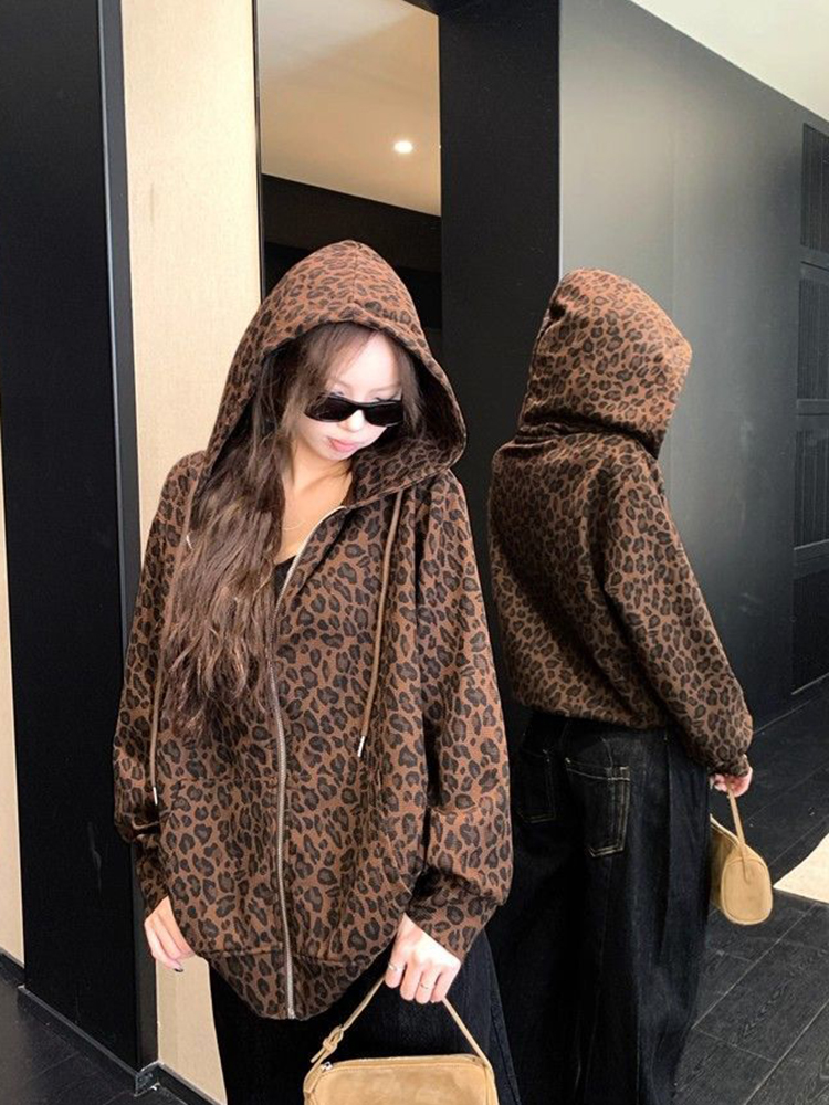 女性 Y2K ヒョウパーカーストリートルーズ原宿レトロスウェ - Vintage Zip Hoodie のレビューと価格