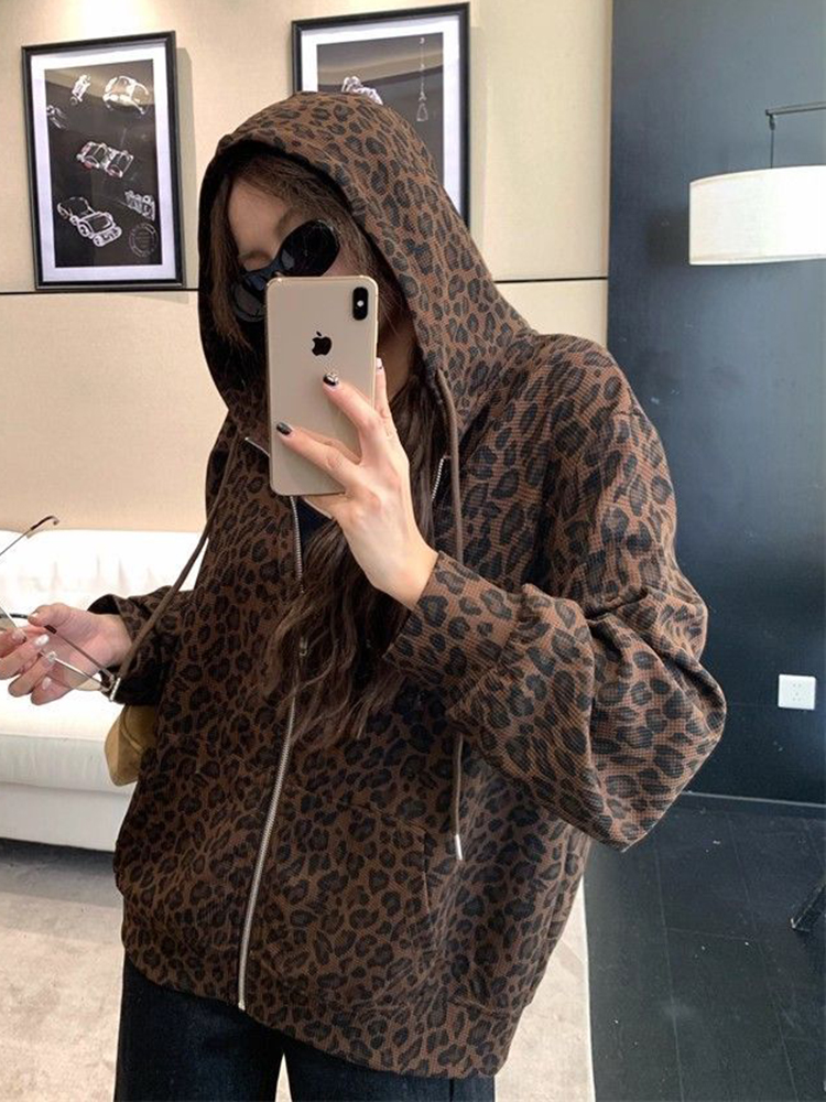 女性 Y2K ヒョウパーカーストリートルーズ原宿レトロスウェ - Vintage Zip Hoodie のレビューと価格